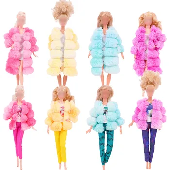 2шт Модное пальто для куклы Барби Хлопчатобумажная куртка Зимнее платье Длинная одежда Шуба для куклы 1/6 BJD Аксессуары для игрушек