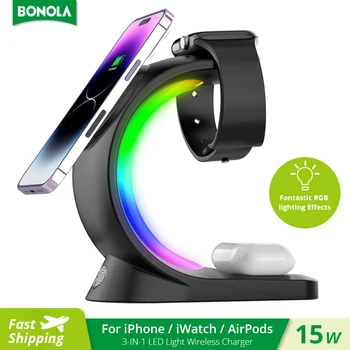 Беспроводная Зарядная станция Bonola RGB Light Magnetic 3 в 1 для Apple Watch/AirPods Pro с быстрой зарядкой 15 Вт для iPhone 14/13/12 Pro