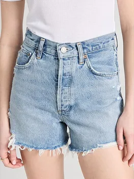 Женские однотонные джинсовые шорты 2023, Новые летние повседневные шорты с высокой талией и застежкой-молнией, женские модные потертые шорты, универсальные