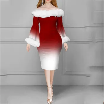 Осеннее новое рождественское платье 2023 года, женское сексуальное приталенное платье с открытыми плечами и принтом, женское плюшевое платье с расклешенными рукавами и вырезом лодочкой