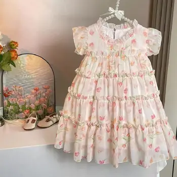 Платья с цветочным принтом для девочек, летняя одежда, розовое детское платье для малышей с оборками
