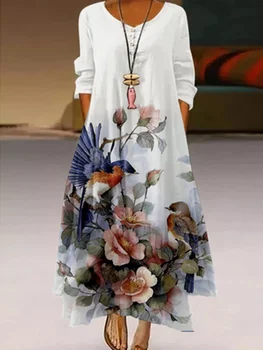Пляжное платье с цветочным принтом, длинный рукав, пуговицы, карманы неправильной формы спереди, 2 слоя, Длинные платья Макси для женщин, винтажная одежда