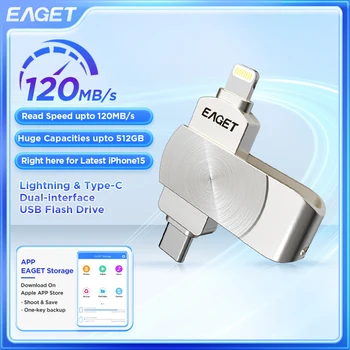 Флэш-накопитель EAGET Lighting Type C USB 3.2 PenDrive с сертификатом MFi APP Control Memory Stick 128 ГБ 512 ГБ 1 ТБ для Apple